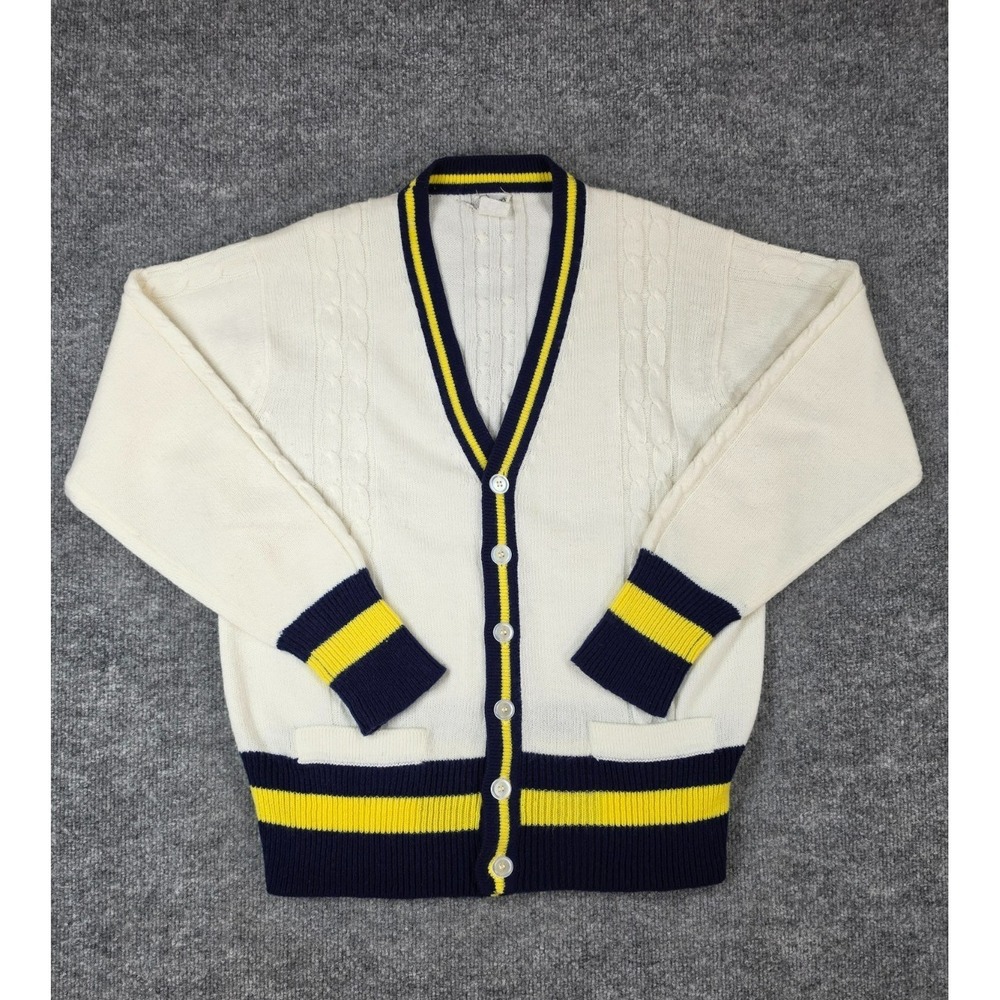 Vintage Ohrbachs White Navy Cardigan Sweater Size Medium Chunky Fisherman Ribbed